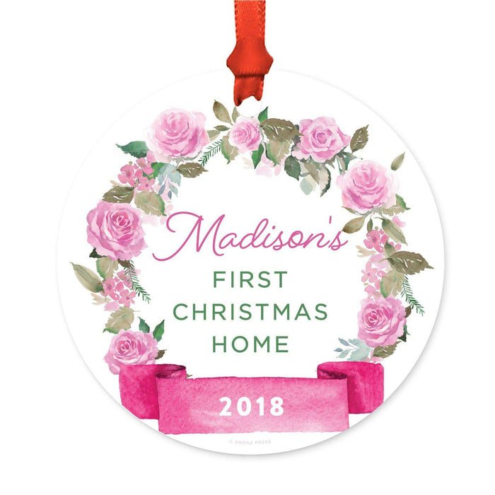 Custom Round Metal Christmas Ornament, Pink Flowers Banner, Includes Ribbon and Gift Bag-Set of 1-Andaz Press-First Christmas Custom-