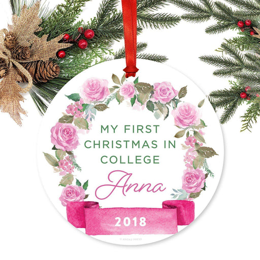 Custom Round Metal Christmas Ornament, Pink Flowers Banner, Includes Ribbon and Gift Bag-Set of 1-Andaz Press-First Christmas Custom-