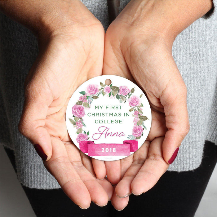 Custom Round Metal Christmas Ornament, Pink Flowers Banner, Includes Ribbon and Gift Bag-Set of 1-Andaz Press-First Christmas Custom-