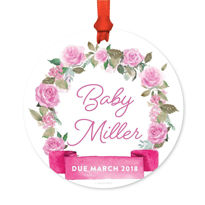 Custom Round Metal Christmas Ornament, Pink Flowers Banner, Includes Ribbon and Gift Bag-Set of 1-Andaz Press-Baby Name Custom-