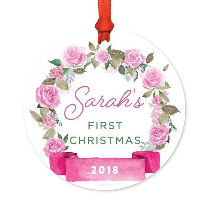Custom Round Metal Christmas Ornament, Pink Flowers Banner, Includes Ribbon and Gift Bag-Set of 1-Andaz Press-Baby's 1st Christmas Custom-