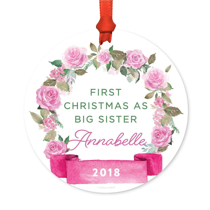 Custom Round Metal Christmas Ornament, Pink Flowers Banner, Includes Ribbon and Gift Bag-Set of 1-Andaz Press-Big Sister Custom-