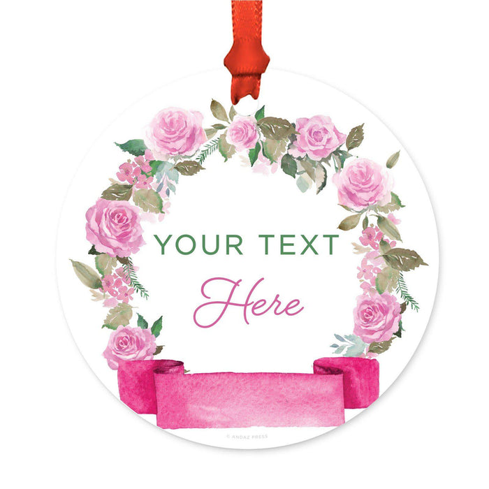 Custom Round Metal Christmas Ornament, Pink Flowers Banner, Includes Ribbon and Gift Bag-Set of 1-Andaz Press-Custom Fully-
