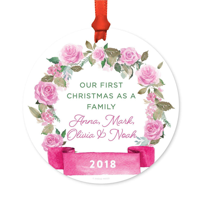 Custom Round Metal Christmas Ornament, Pink Flowers Banner, Includes Ribbon and Gift Bag-Set of 1-Andaz Press-Family Custom-