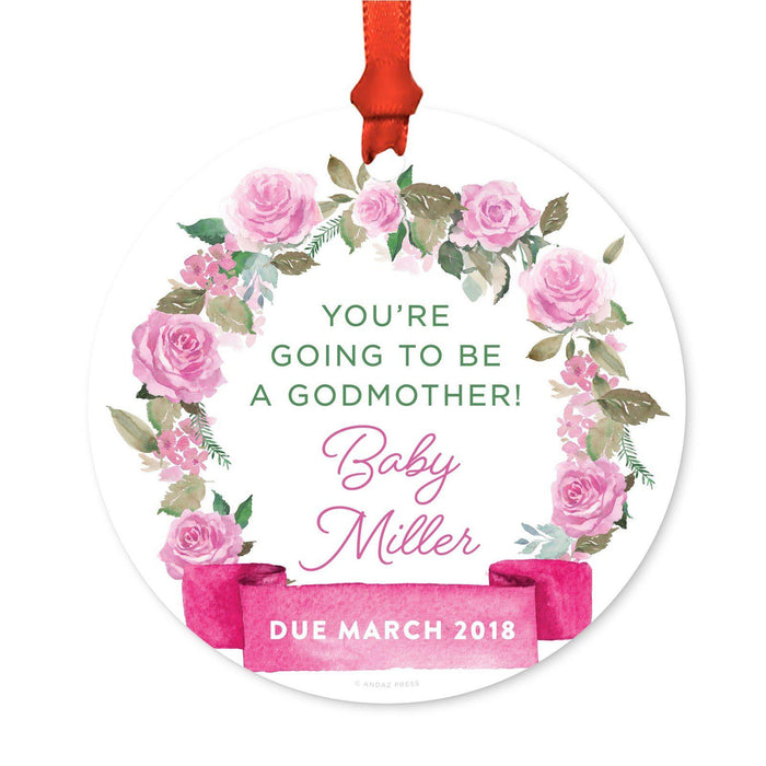 Custom Round Metal Christmas Ornament, Pink Flowers Banner, Includes Ribbon and Gift Bag-Set of 1-Andaz Press-Godmother Going To Be-