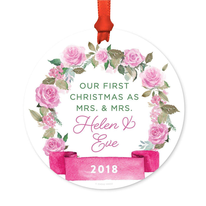 Custom Round Metal Christmas Ornament, Pink Flowers Banner, Includes Ribbon and Gift Bag-Set of 1-Andaz Press-Mrs. & Mrs Custom-