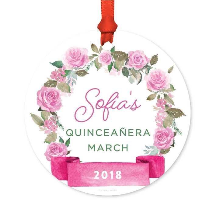 Custom Round Metal Christmas Ornament, Pink Flowers Banner, Includes Ribbon and Gift Bag-Set of 1-Andaz Press-Quinceañera Custom-