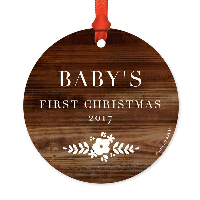 Custom Round Metal Christmas Tree Ornament, Baby's First Christmas, Includes Ribbon and Gift Bag-Set of 1-Andaz Press-Chalkboard Floral-