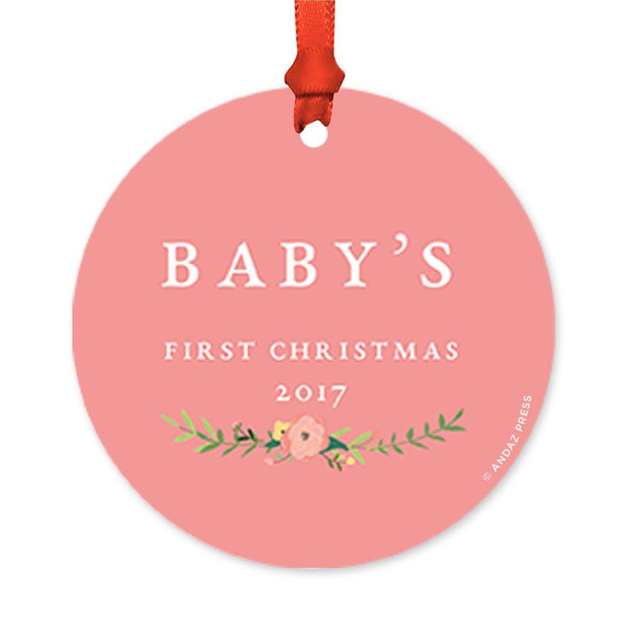 Custom Round Metal Christmas Tree Ornament, Baby's First Christmas, Includes Ribbon and Gift Bag-Set of 1-Andaz Press-Chalkboard Floral-