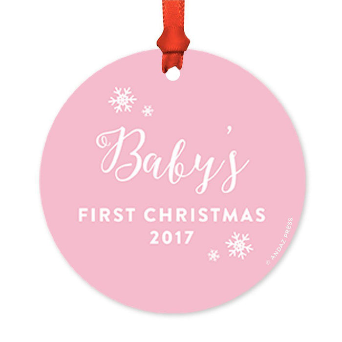 Custom Round Metal Christmas Tree Ornament, Baby's First Christmas, Includes Ribbon and Gift Bag-Set of 1-Andaz Press-Chalkboard Floral-