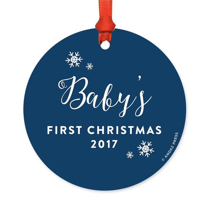 Custom Round Metal Christmas Tree Ornament, Baby's First Christmas, Includes Ribbon and Gift Bag-Set of 1-Andaz Press-Chalkboard Floral-