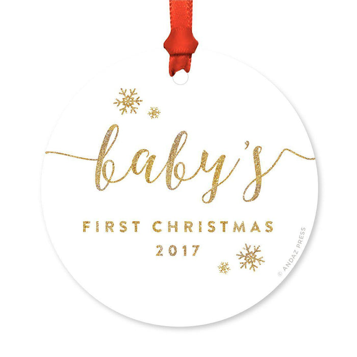 Custom Round Metal Christmas Tree Ornament, Baby's First Christmas, Includes Ribbon and Gift Bag-Set of 1-Andaz Press-Chalkboard Floral-