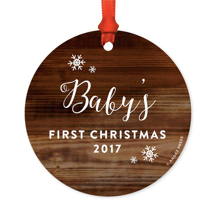 Custom Round Metal Christmas Tree Ornament, Baby's First Christmas, Includes Ribbon and Gift Bag-Set of 1-Andaz Press-Chalkboard Floral-
