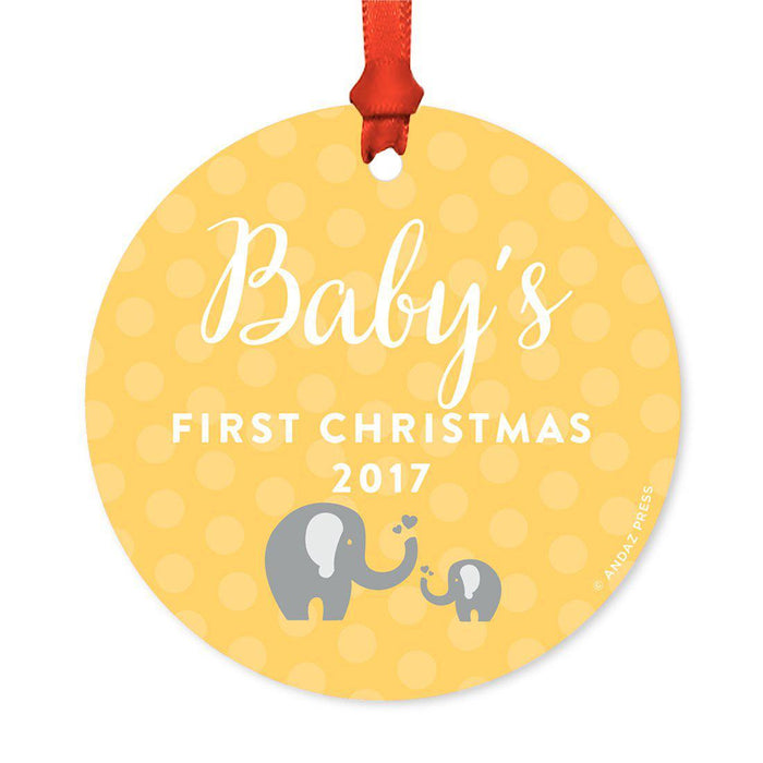 Custom Round Metal Christmas Tree Ornament, Baby's First Christmas, Includes Ribbon and Gift Bag-Set of 1-Andaz Press-Chalkboard Floral-