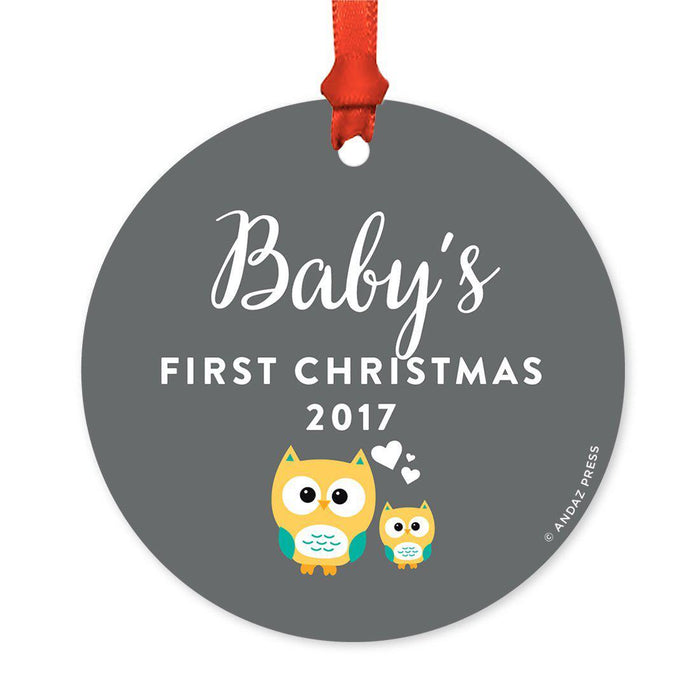 Custom Round Metal Christmas Tree Ornament, Baby's First Christmas, Includes Ribbon and Gift Bag-Set of 1-Andaz Press-Chalkboard Floral-