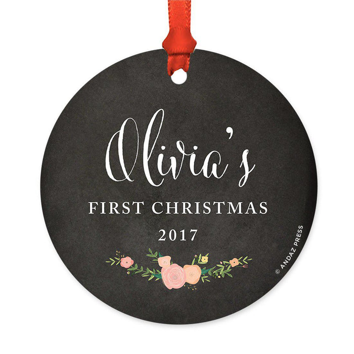 Custom Round Metal Christmas Tree Ornament, Baby's First Christmas, Includes Ribbon and Gift Bag-Set of 1-Andaz Press-Chalkboard Floral-