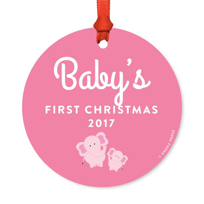 Custom Round Metal Christmas Tree Ornament, Baby's First Christmas, Includes Ribbon and Gift Bag-Set of 1-Andaz Press-Chalkboard Floral-
