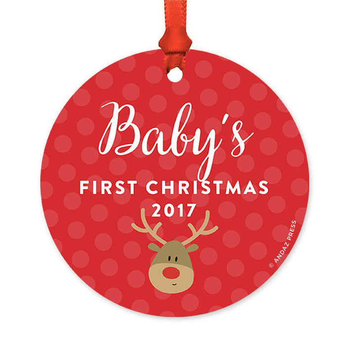 Custom Round Metal Christmas Tree Ornament, Baby's First Christmas, Includes Ribbon and Gift Bag-Set of 1-Andaz Press-Chalkboard Floral-