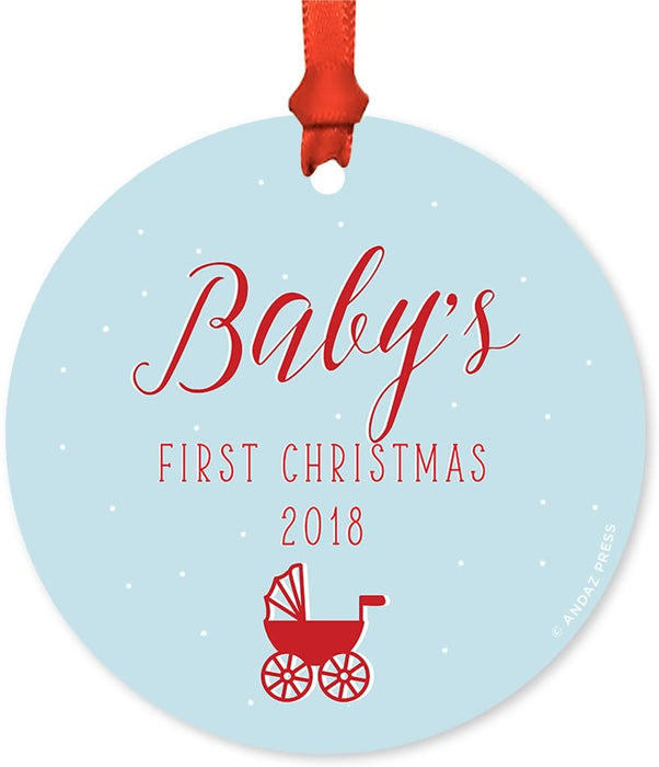 Custom Round Metal Christmas Tree Ornament, Baby's First Christmas, Includes Ribbon and Gift Bag-Set of 1-Andaz Press-Chalkboard Floral-
