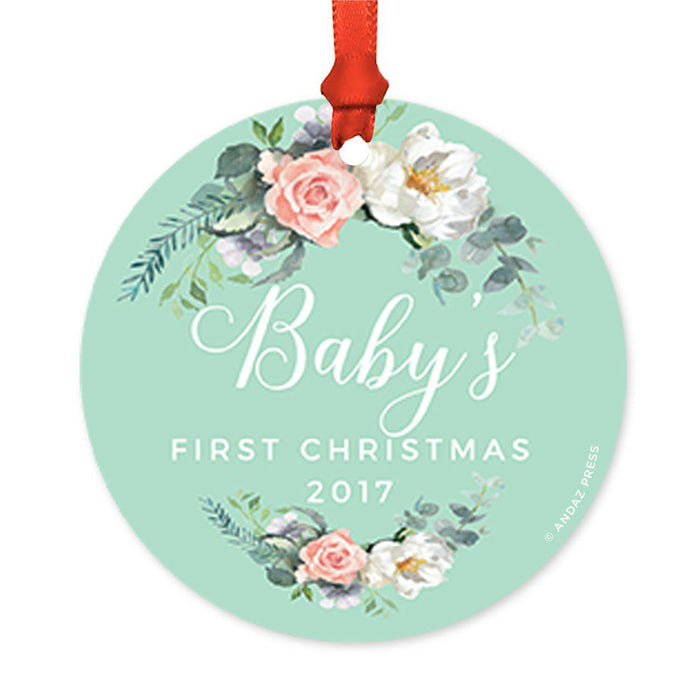 Custom Round Metal Christmas Tree Ornament, Baby's First Christmas, Includes Ribbon and Gift Bag-Set of 1-Andaz Press-Chalkboard Floral-