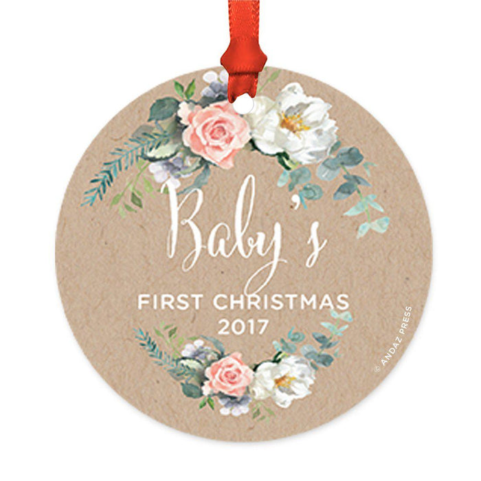 Custom Round Metal Christmas Tree Ornament, Baby's First Christmas, Includes Ribbon and Gift Bag-Set of 1-Andaz Press-Chalkboard Floral-