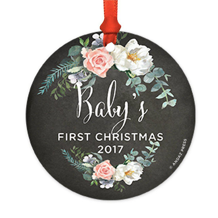 Custom Round Metal Christmas Tree Ornament, Baby's First Christmas, Includes Ribbon and Gift Bag-Set of 1-Andaz Press-Chalkboard Floral-