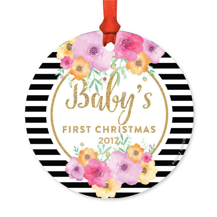 Custom Round Metal Christmas Tree Ornament, Baby's First Christmas, Includes Ribbon and Gift Bag-Set of 1-Andaz Press-Black White Stripes-