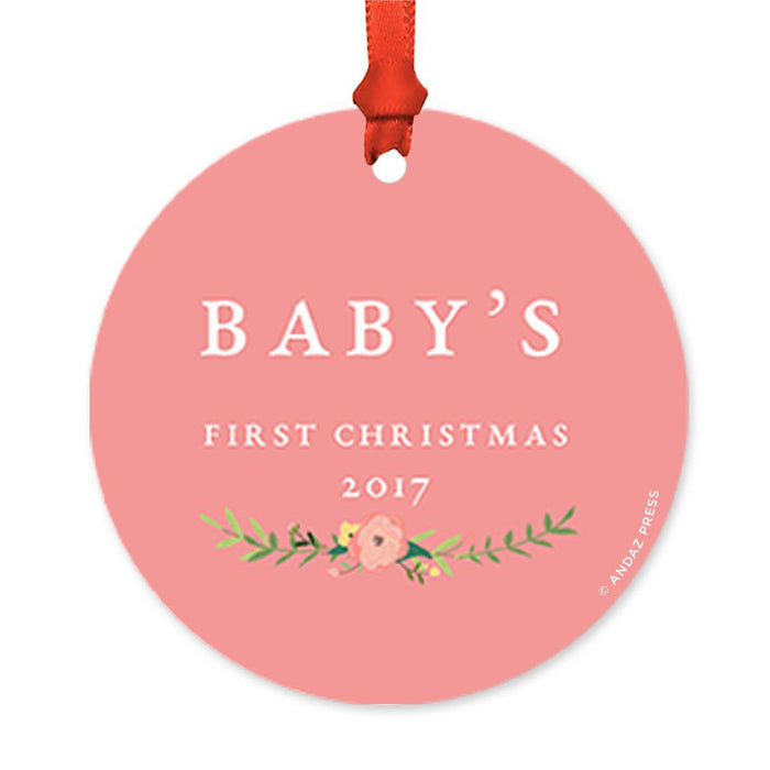 Custom Round Metal Christmas Tree Ornament, Baby's First Christmas, Includes Ribbon and Gift Bag-Set of 1-Andaz Press-Blush Pink Mint Green Floral-