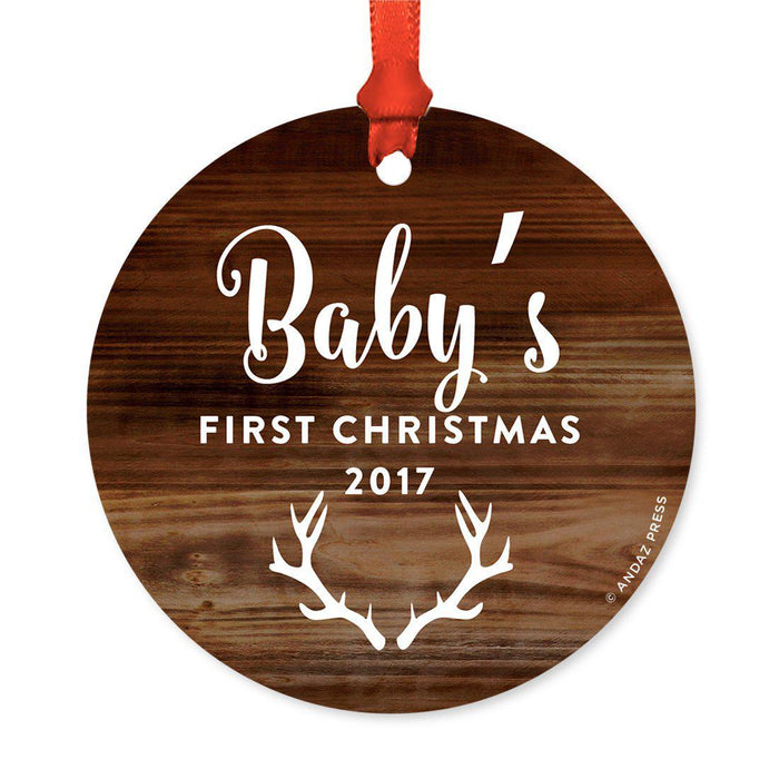 Custom Round Metal Christmas Tree Ornament, Baby's First Christmas, Includes Ribbon and Gift Bag-Set of 1-Andaz Press-Deer Antlers-
