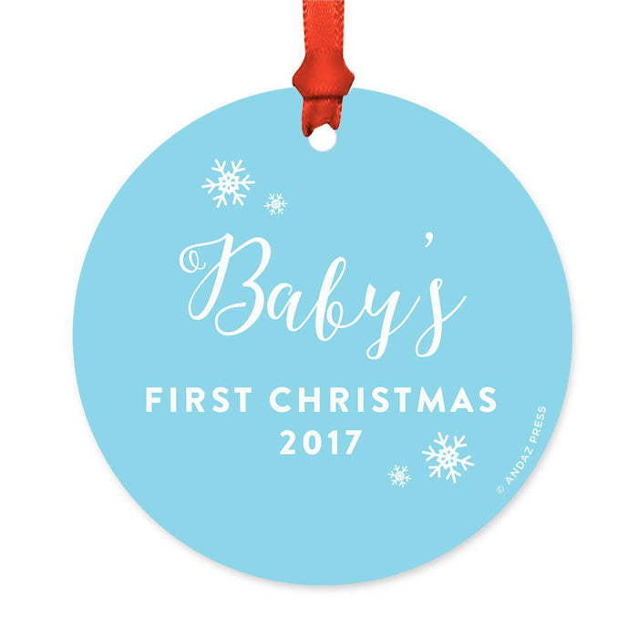 Custom Round Metal Christmas Tree Ornament, Baby's First Christmas, Includes Ribbon and Gift Bag-Set of 1-Andaz Press-Elegant Baby Blue-