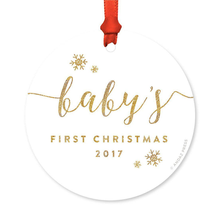 Custom Round Metal Christmas Tree Ornament, Baby's First Christmas, Includes Ribbon and Gift Bag-Set of 1-Andaz Press-Elegant Gold Glittering-