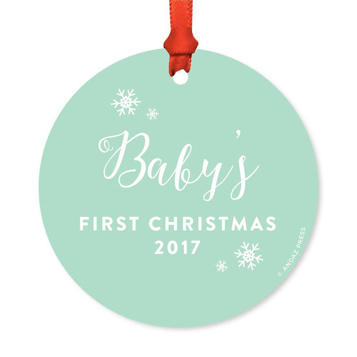 Custom Round Metal Christmas Tree Ornament, Baby's First Christmas, Includes Ribbon and Gift Bag-Set of 1-Andaz Press-Elegant Mint Green-