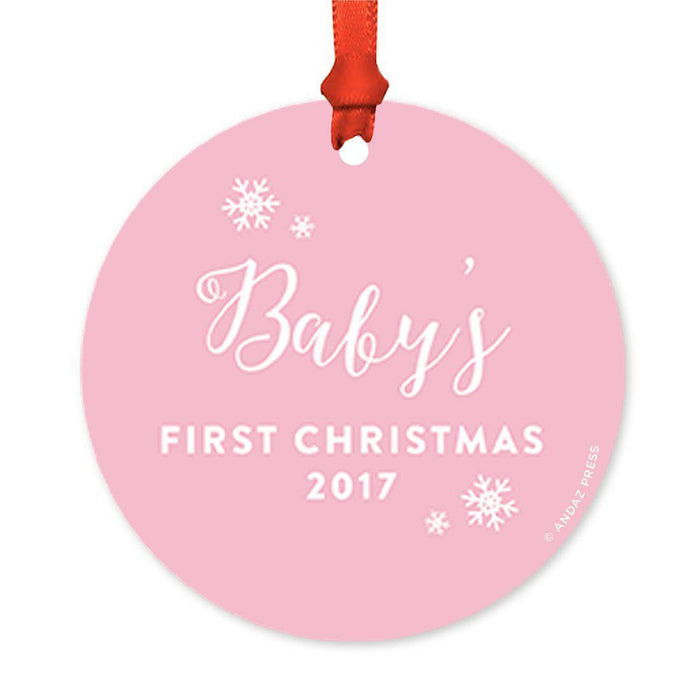 Custom Round Metal Christmas Tree Ornament, Baby's First Christmas, Includes Ribbon and Gift Bag-Set of 1-Andaz Press-Elegant Pink-