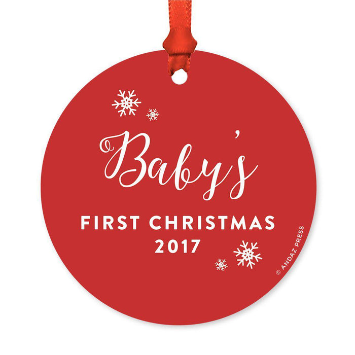 Custom Round Metal Christmas Tree Ornament, Baby's First Christmas, Includes Ribbon and Gift Bag-Set of 1-Andaz Press-Elegant Red-