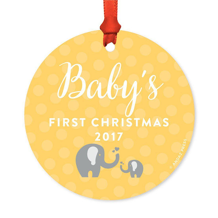 Custom Round Metal Christmas Tree Ornament, Baby's First Christmas, Includes Ribbon and Gift Bag-Set of 1-Andaz Press-Elephant Yellow Gray-