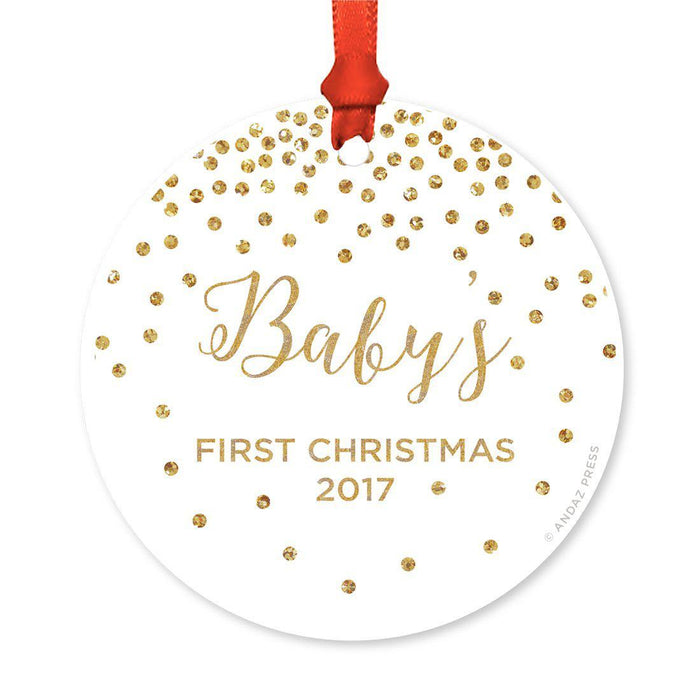 Custom Round Metal Christmas Tree Ornament, Baby's First Christmas, Includes Ribbon and Gift Bag-Set of 1-Andaz Press-Gold Dots-