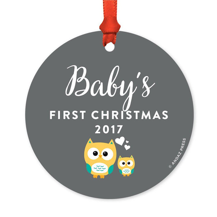 Custom Round Metal Christmas Tree Ornament, Baby's First Christmas, Includes Ribbon and Gift Bag-Set of 1-Andaz Press-Owl-