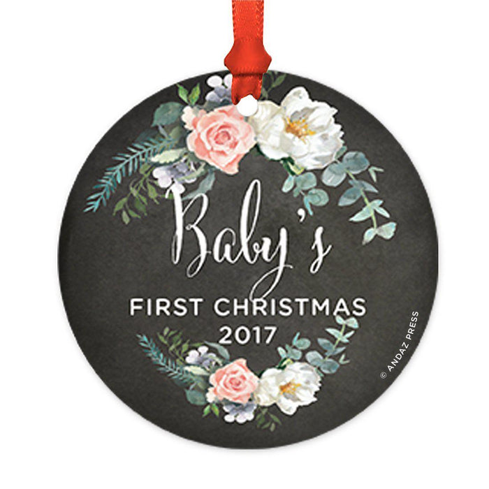 Custom Round Metal Christmas Tree Ornament, Baby's First Christmas, Includes Ribbon and Gift Bag-Set of 1-Andaz Press-Peach Chaklboard Floral-