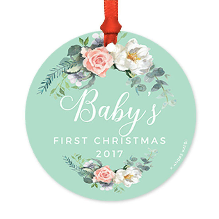 Custom Round Metal Christmas Tree Ornament, Baby's First Christmas, Includes Ribbon and Gift Bag-Set of 1-Andaz Press-Peach Mint Green Floral-
