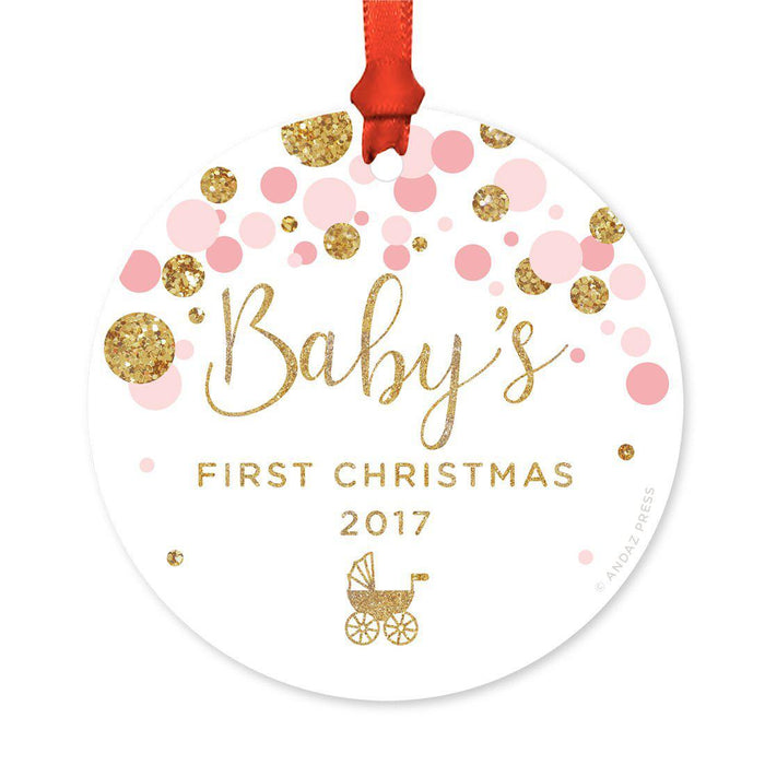 Custom Round Metal Christmas Tree Ornament, Baby's First Christmas, Includes Ribbon and Gift Bag-Set of 1-Andaz Press-Pink Dots-