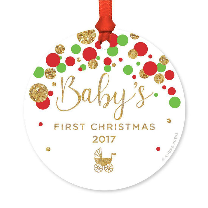 Custom Round Metal Christmas Tree Ornament, Baby's First Christmas, Includes Ribbon and Gift Bag-Set of 1-Andaz Press-Red Green and Gold-