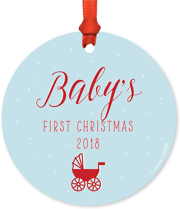 Custom Round Metal Christmas Tree Ornament, Baby's First Christmas, Includes Ribbon and Gift Bag-Set of 1-Andaz Press-Red and Baby Blue-