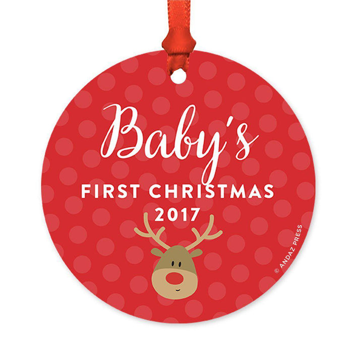 Custom Round Metal Christmas Tree Ornament, Baby's First Christmas, Includes Ribbon and Gift Bag-Set of 1-Andaz Press-Reindeer-