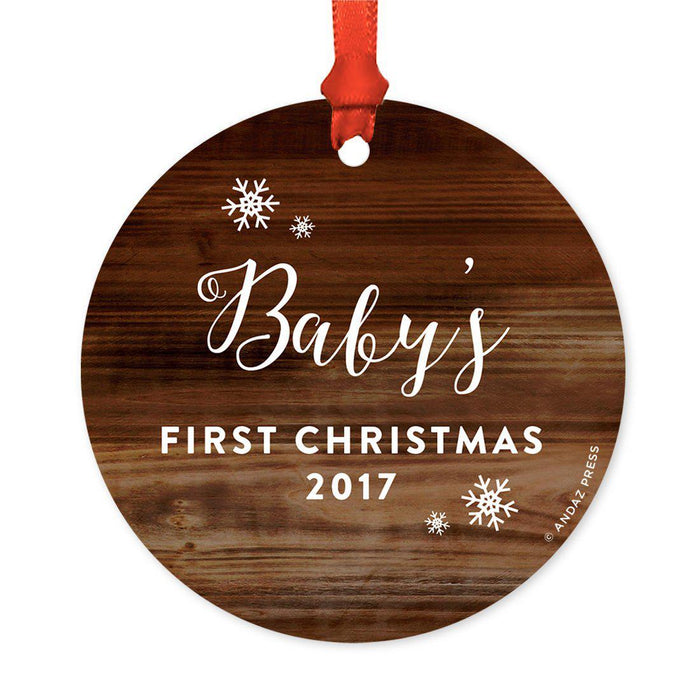 Custom Round Metal Christmas Tree Ornament, Baby's First Christmas, Includes Ribbon and Gift Bag-Set of 1-Andaz Press-Rustic Wood-