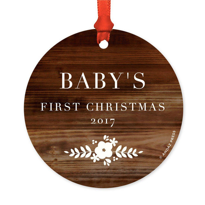 Custom Round Metal Christmas Tree Ornament, Baby's First Christmas, Includes Ribbon and Gift Bag-Set of 1-Andaz Press-Rustic Wood Floral-