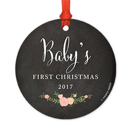 Custom Round Metal Christmas Tree Ornament, Baby's First Christmas, Includes Ribbon and Gift Bag-Set of 1-Andaz Press-Chalkboard Floral-