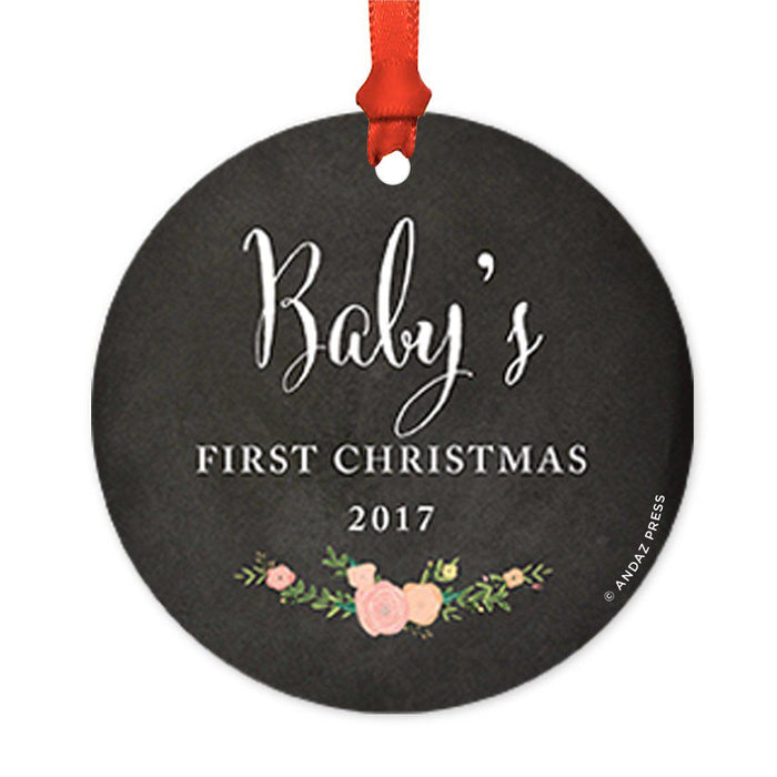 Custom Round Metal Christmas Tree Ornament, Baby's First Christmas, Includes Ribbon and Gift Bag-Set of 1-Andaz Press-Chalkboard Floral-