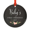 Custom Round Metal Christmas Tree Ornament, Baby's First Christmas, Includes Ribbon and Gift Bag-Set of 1-Andaz Press-Chalkboard Floral-