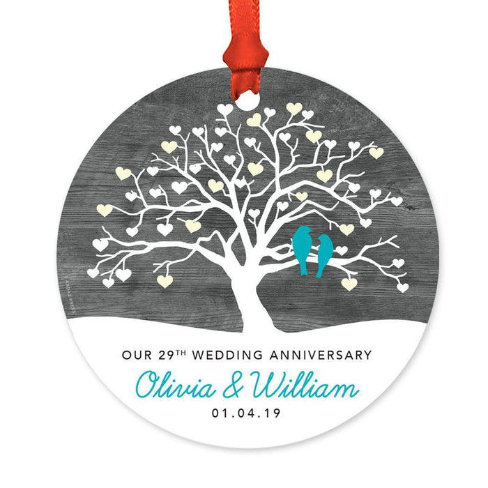 Custom Round Metal Keepsake Christmas Ornament Gift, Rustic Wood 2 Birds Anniversary Design 1-Set of 1-Andaz Press-1st-