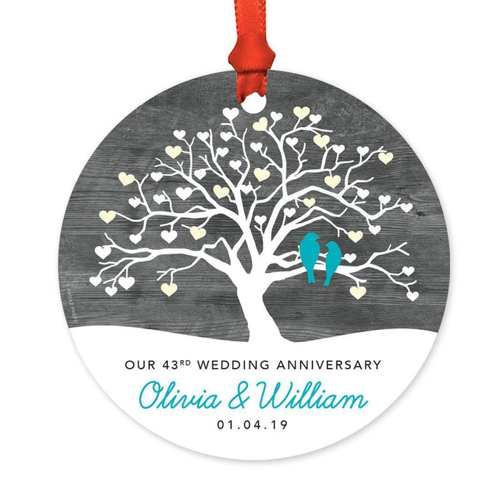 Custom Round Metal Keepsake Christmas Ornament Gift, Rustic Wood 2 Birds Anniversary Design 2-Set of 1-Andaz Press-32nd-